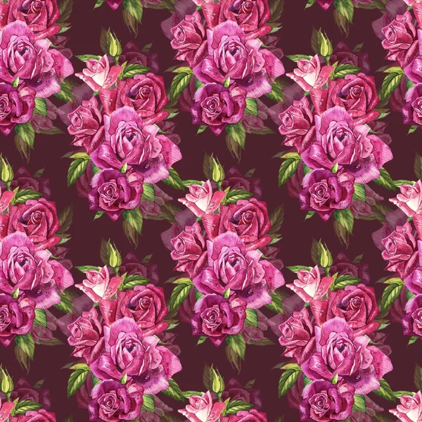 Natural pink roses background. Seamless pattern of red and pink roses, watercolor illustration. — Stock Photo, Image