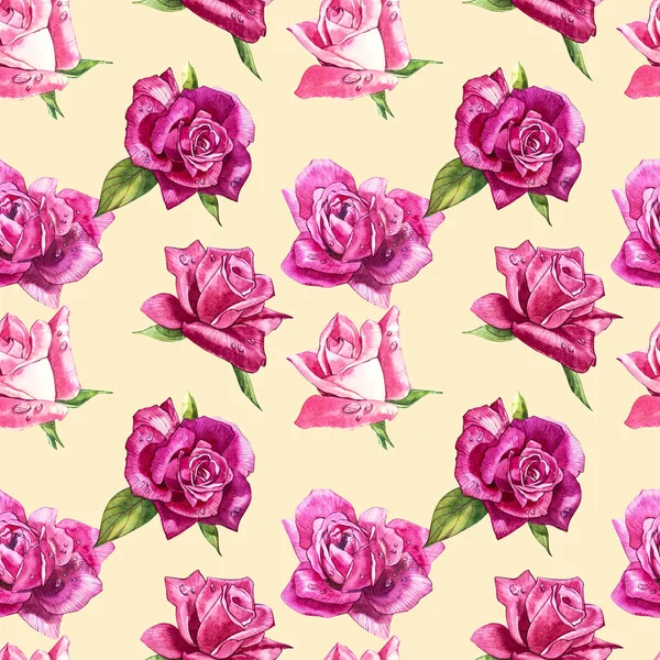 Tle naturalny róż. Jednolity wzór czerwony i różowy róż, akwarela, ilustracja. — Zdjęcie stockowe