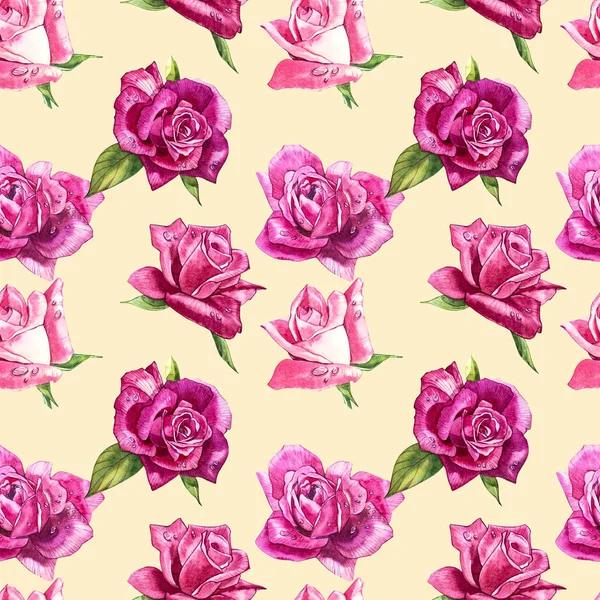 Natural pink roses background. Seamless pattern of red and pink roses, watercolor illustration. — Stock Photo, Image