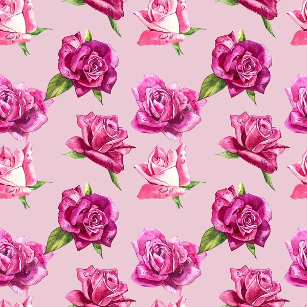 Natural pink roses background. Seamless pattern of red and pink roses, watercolor illustration. — Stock Photo, Image