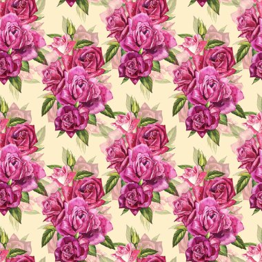 Doğal Pembe gül arka plan. Kırmızı ve pembe gül, suluboya resim seamless modeli.