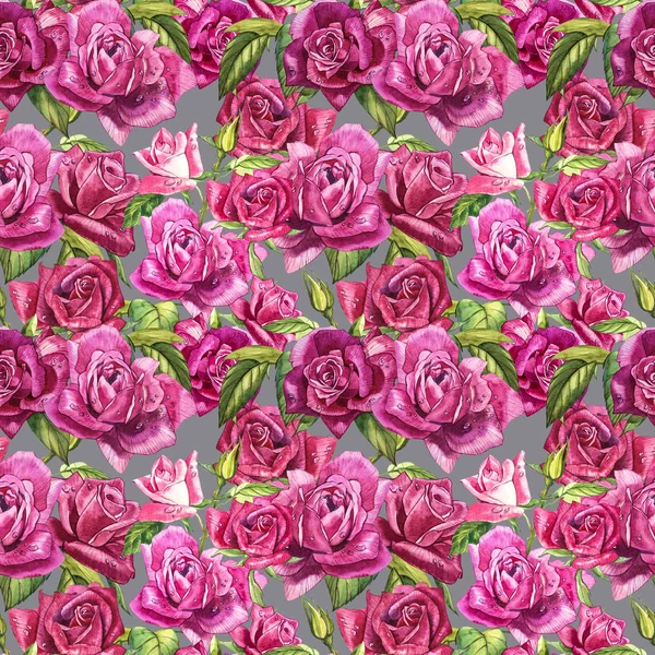 Natural pink roses background. Seamless pattern of red and pink roses, watercolor illustration. — Stock Photo, Image