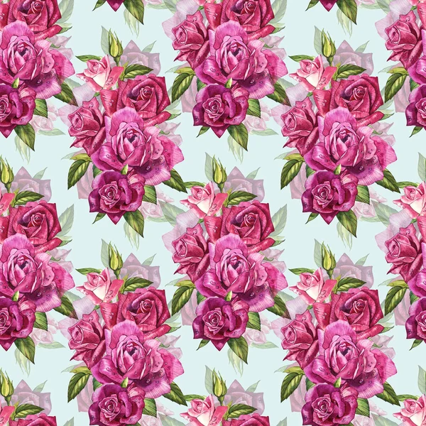 Natural pink roses background. Seamless pattern of red and pink roses, watercolor illustration. — Stock Photo, Image