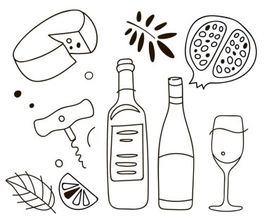 Şarap kompozisyon. Hat sanat grafik. Restoran şablonu. Vektör çizim