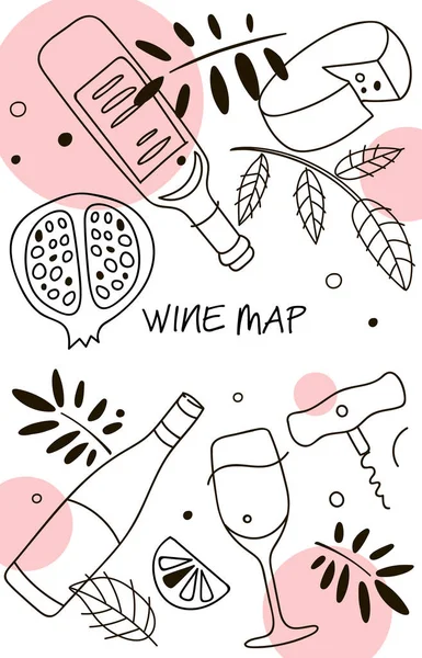 Composición del vino. Gráfico de arte lineal. Plantilla del restaurante. Ilustración vectorial — Vector de stock