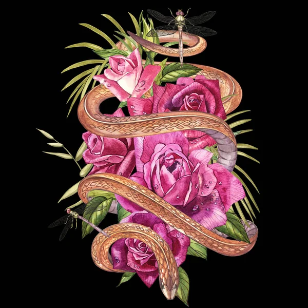 아름 다운 정원 장미와 뱀. 레드와 핑크 장미, 수채화 그림의 작곡. T-셔츠를 사용 하 여 인쇄. — 스톡 사진