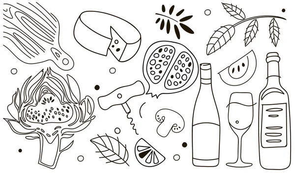 Composición del vino. Gráfico de arte lineal. Plantilla del restaurante. Ilustración vectorial — Vector de stock
