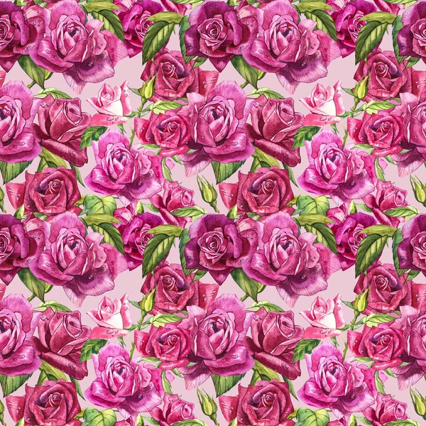 Natural pink roses background. Seamless pattern of red and pink roses, watercolor illustration. — Stock Photo, Image