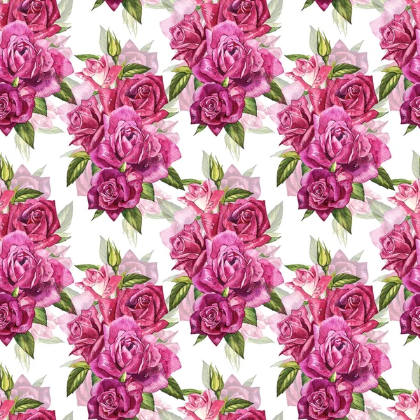 Natürliche rosa Rosen Hintergrund. nahtloses Muster aus roten und rosa Rosen, Aquarell-Illustration. — Stockfoto