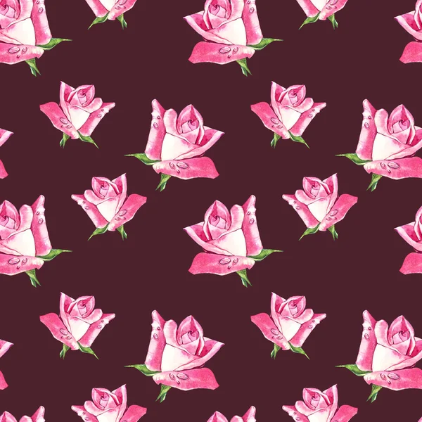 Naturliga rosa rosor bakgrund. Seamless mönster av röda och rosa rosor, akvarell illustration. — Stockfoto
