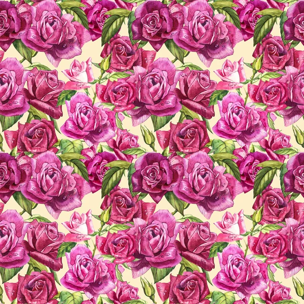 Natuurlijke roze rozen achtergrond. Naadloze patroon van rode en roze rozen, aquarel illustratie. — Stockfoto