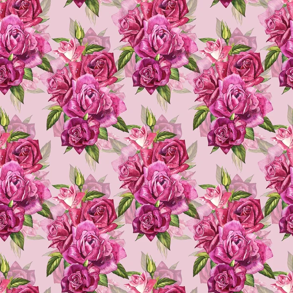 Natural pink roses background. Seamless pattern of red and pink roses, watercolor illustration. — Stock Photo, Image