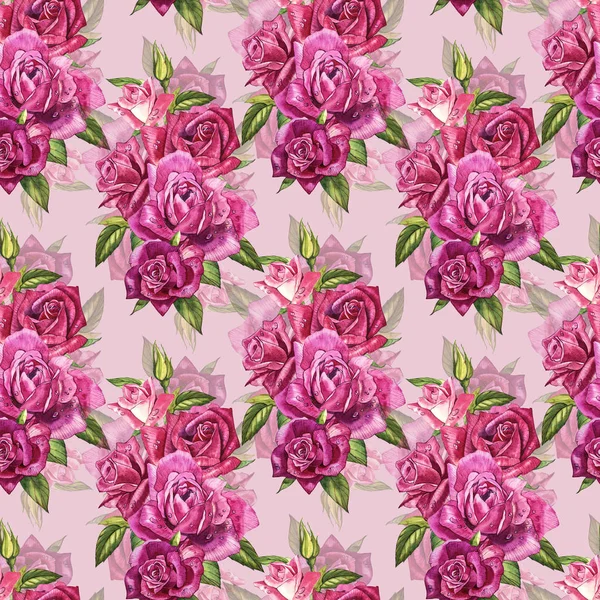 Natürliche rosa Rosen Hintergrund. nahtloses Muster aus roten und rosa Rosen, Aquarell-Illustration. — Stockfoto