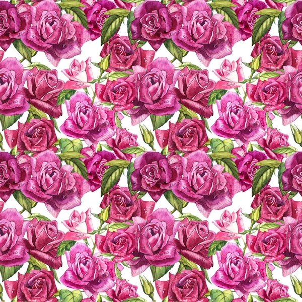 Натуральный розовый фон. Бесшовный узор из красных и розовых роз, акварельная иллюстрация . — стоковое фото
