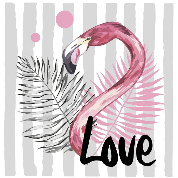 Nyári illusztráció flamingo. Trópusi madár. Nyári Design vektor. T-shirt Fashion grafikus. Kézzel rajzolt word - szerelem. — Stock Vector