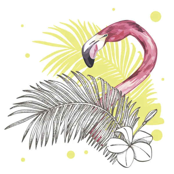 Illustrazione estiva con fenicottero. Uccello tropicale. Summer Design Vector. T-shirt Fashion Graphic . — Vettoriale Stock