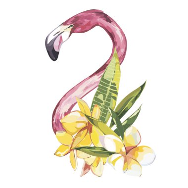 Flamingo ile yaz illüstrasyon. Tropik kuş. Yaz tasarlamak vektör. T-shirt moda grafiği.