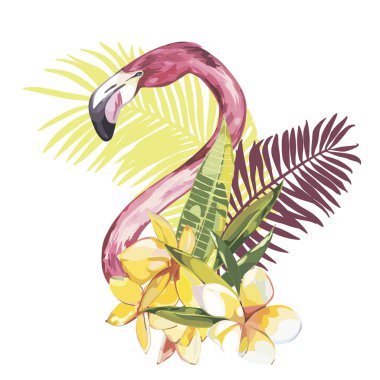 Flamingo ile yaz illüstrasyon. Tropik kuş. Yaz tasarlamak vektör. T-shirt moda grafiği.