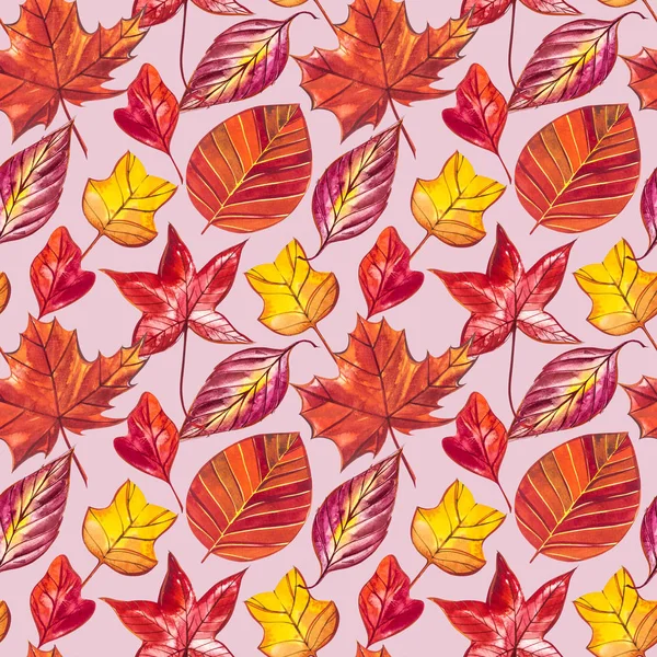 Feuilles d'automne rouge et orange Arrière-plan. Illustration de motif sans couture aquarelle . — Photo