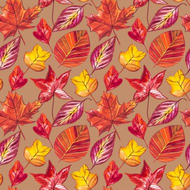 Kırmızı ve turuncu sonbahar yaprakları arka plan. Sulu boya Dikişsiz desen illüstrasyon.