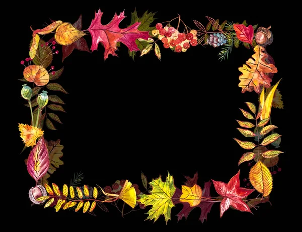 Autumn composition. Frame made of autumn berries and leaves on white background. Watercolor illustrations. — Stock Photo, Image