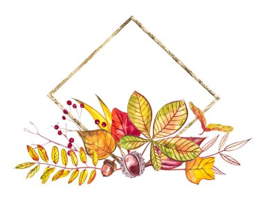 Sonbahar kompozisyon. Sonbahar çilek ve yaprakları beyaz arka plan üzerinde çizimler yaptı. Suluboya resimler.