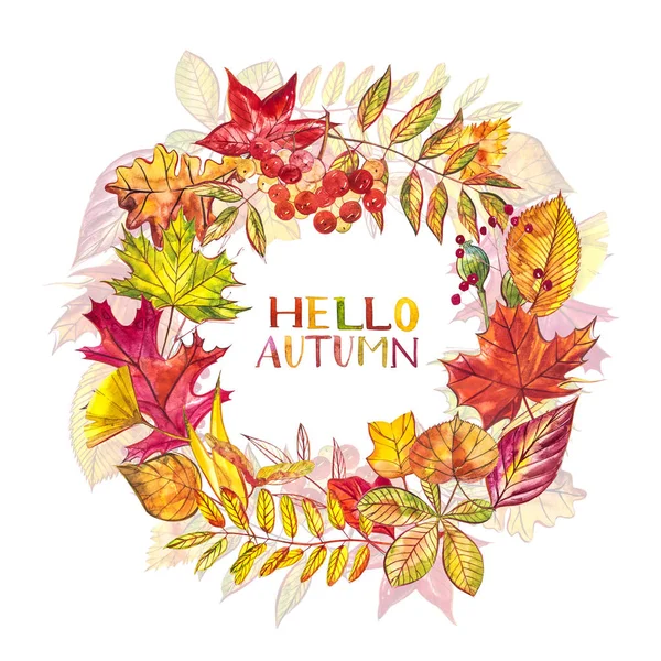秋の組成物。秋の果実や白い背景の上の葉の花輪を作った。水彩イラスト. — ストック写真