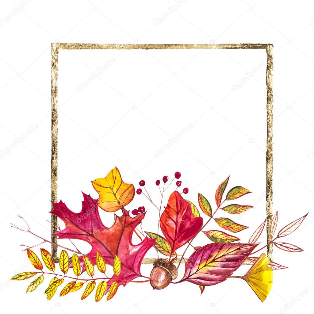 Autumn composition. Illustrations made of autumn berries and leaves on white background. Watercolor illustrations.