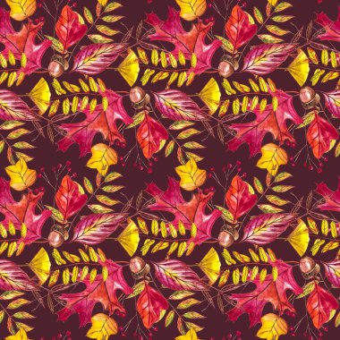 Meşe palamudu ve turuncu, bej, kahverengi ve sarı meşe yapraklı kusursuz desen. Duvar kağıdı, hediye kağıdı, şablon dolguları, web sayfası arkaplanı, sonbahar tebrik kartları için mükemmel..