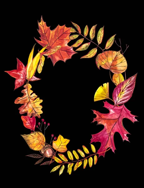 Autumn composition. Wreath made of autumn berries and leaves on white background. Watercolor illustrations. — Stock Photo, Image