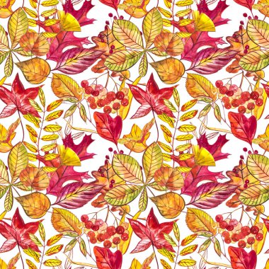 Meşe palamudu ve turuncu, bej, kahverengi ve sarı meşe yapraklı kusursuz desen. Duvar kağıdı, hediye kağıdı, şablon dolguları, web sayfası arkaplanı, sonbahar tebrik kartları için mükemmel..