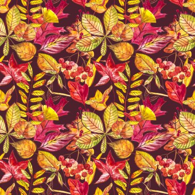 Meşe palamudu ve turuncu, bej, kahverengi ve sarı meşe yapraklı kusursuz desen. Duvar kağıdı, hediye kağıdı, şablon dolguları, web sayfası arkaplanı, sonbahar tebrik kartları için mükemmel..