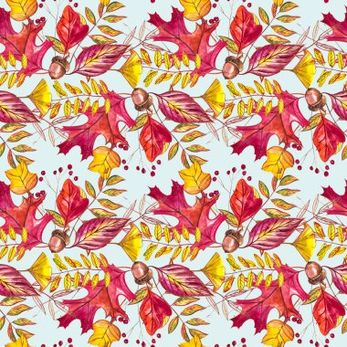 Meşe palamudu ve turuncu, bej, kahverengi ve sarı meşe yapraklı kusursuz desen. Duvar kağıdı, hediye kağıdı, şablon dolguları, web sayfası arkaplanı, sonbahar tebrik kartları için mükemmel..