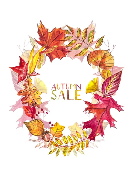 De samenstelling van het najaar. Krans gemaakt van herfst bessen en bladeren op een witte achtergrond. Aquarel illustraties. — Stockfoto