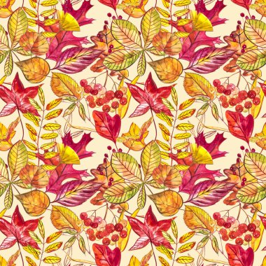 Meşe palamudu ve turuncu, bej, kahverengi ve sarı meşe yapraklı kusursuz desen. Duvar kağıdı, hediye kağıdı, şablon dolguları, web sayfası arkaplanı, sonbahar tebrik kartları için mükemmel..