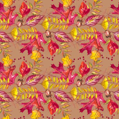 Meşe palamudu ve turuncu, bej, kahverengi ve sarı meşe yapraklı kusursuz desen. Duvar kağıdı, hediye kağıdı, şablon dolguları, web sayfası arkaplanı, sonbahar tebrik kartları için mükemmel..