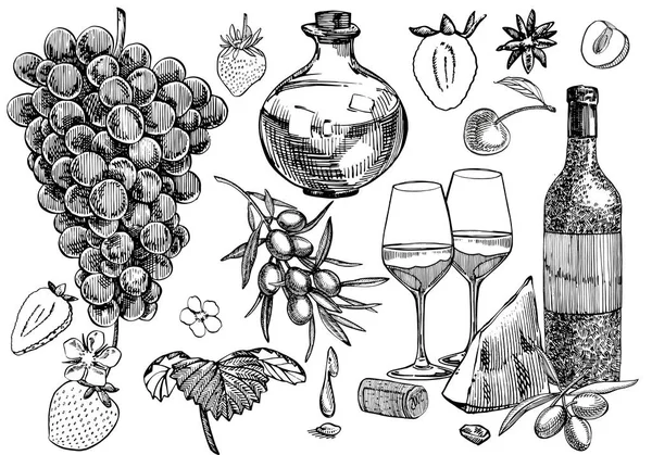 Set vettoriale di prodotti vitivinicoli. Illustrazione in stile schizzo. Elementi di design disegnati a mano. Isolato su sfondo bianco. Illustrazioni stile incisione . — Vettoriale Stock