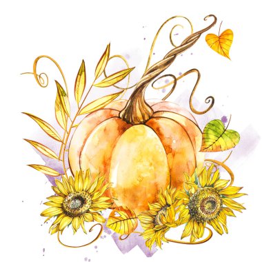 Kabak ayçiçeği ile. El Beyaz zemin üzerine suluboya resim çekilmiş. Bir sıçrama ile suluboya resim.