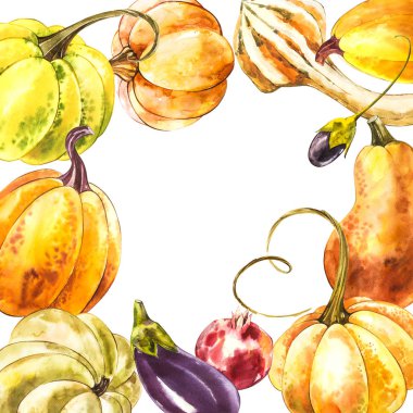 Sonbahar yaprakları ve kabaklar sınır çerçeve beyaz arka plan üzerinde alan metin ile. Mevsimlik çiçek akça meşe ağaç turuncu su kabakları ile Şükran günü tatili, sulu boya dekorasyon hasat için bırakır..