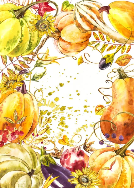 Őszi levelek és sütőtök határ test hely szöveg fehér háttéren. Szezonális virág tölgy juharfa narancssárga tök hagy a Hálaadás ünnep, betakarítás dekoráció akvarell design. — Stock Fotó