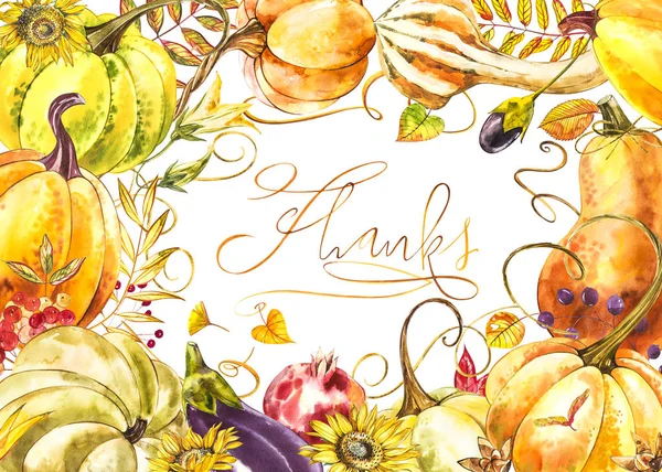 Autumn leaves and pumpkins border frame with space text on white background. Seasonal floral maple oak tree orange leaves with gourds for thanksgiving holiday, harvest decoration watercolor design.