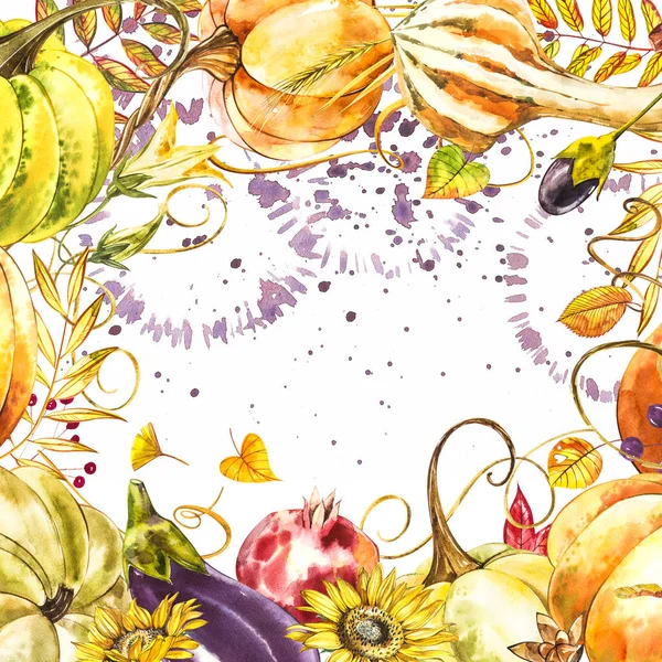 Feuilles d'automne et cadre de bordure de citrouilles avec espace texte sur fond blanc. Saisonnière floral érable chêne feuilles orange avec des gourdes pour les vacances d'Action de grâces, décoration de récolte aquarelle design . — Photo