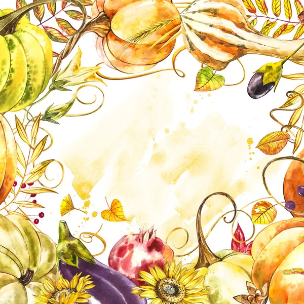 Folhas de outono e abóboras moldura de borda com texto espacial sobre fundo branco. Folhas de laranja de carvalho de bordo floral sazonal com cabaças para férias de ação de graças, design de aquarela de decoração de colheita . — Fotografia de Stock