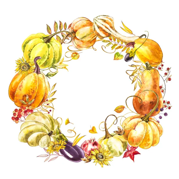 Őszi levelek és tök koszorú hely szöveg fehér háttéren. Szezonális virág tölgy juharfa narancssárga tök hagy a Hálaadás ünnep, betakarítás dekoráció akvarell design. — Stock Fotó