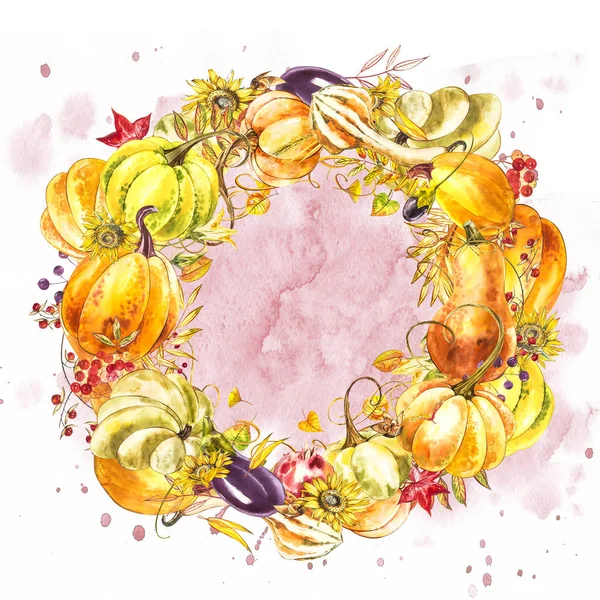 Folhas de outono e grinalda de abóboras com texto espacial sobre fundo branco. Folhas de laranja de carvalho de bordo floral sazonal com cabaças para férias de ação de graças, design de aquarela de decoração de colheita . — Fotografia de Stock