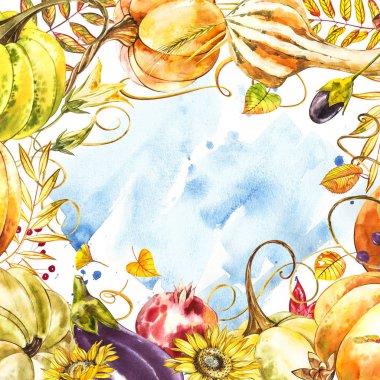 Sonbahar yaprakları ve kabaklar sınır çerçeve beyaz arka plan üzerinde alan metin ile. Mevsimlik çiçek akça meşe ağaç turuncu su kabakları ile Şükran günü tatili, sulu boya dekorasyon hasat için bırakır..