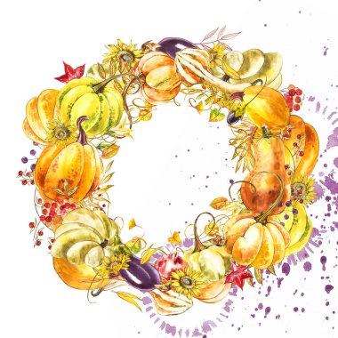 Sonbahar yaprakları ve kabaklar çelenk ile beyaz arka plan üzerinde alan metin. Mevsimlik çiçek akça meşe ağaç turuncu su kabakları ile Şükran günü tatili, sulu boya dekorasyon hasat için bırakır..