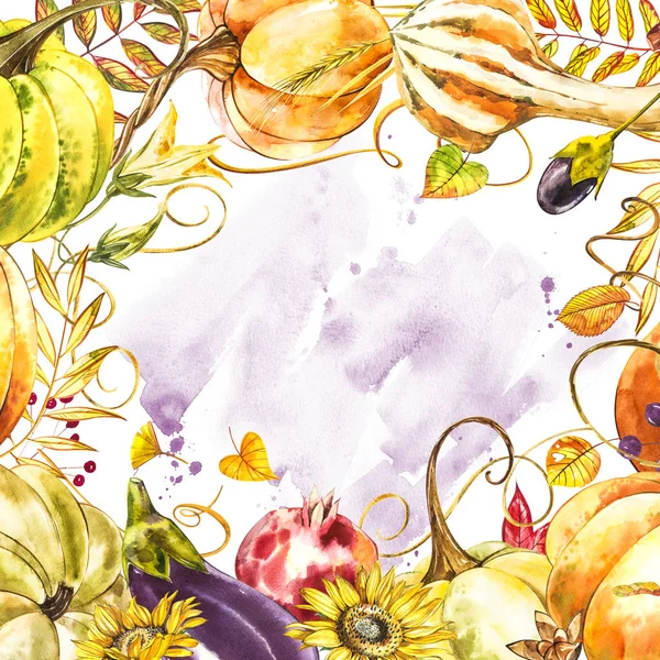 Feuilles d'automne et cadre de bordure de citrouilles avec espace texte sur fond blanc. Saisonnière floral érable chêne feuilles orange avec des gourdes pour les vacances d'Action de grâces, décoration de récolte aquarelle design . — Photo