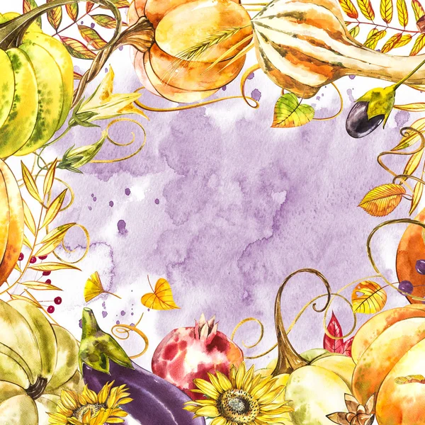 Feuilles d'automne et cadre de bordure de citrouilles avec espace texte sur fond blanc. Saisonnière floral érable chêne feuilles orange avec des gourdes pour les vacances d'Action de grâces, décoration de récolte aquarelle design . — Photo