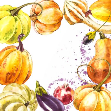 Sonbahar yaprakları ve kabaklar sınır çerçeve beyaz arka plan üzerinde alan metin ile. Mevsimlik çiçek akça meşe ağaç turuncu su kabakları ile Şükran günü tatili, sulu boya dekorasyon hasat için bırakır..